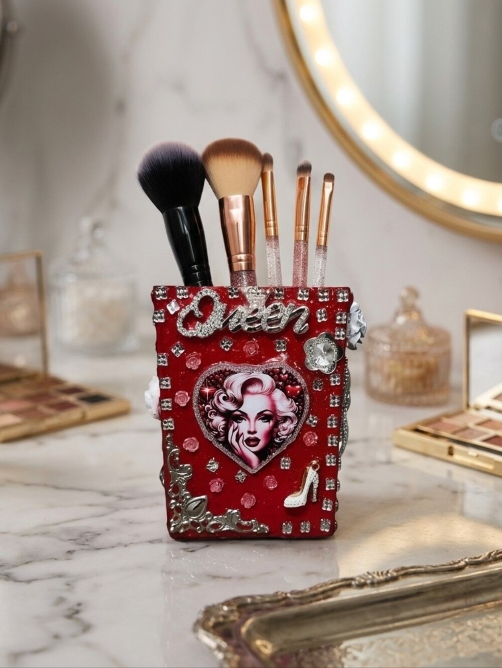 Makeup Brush Acrylic Holder Cup Organizer Red Fancy Custom Bling Rhinestones